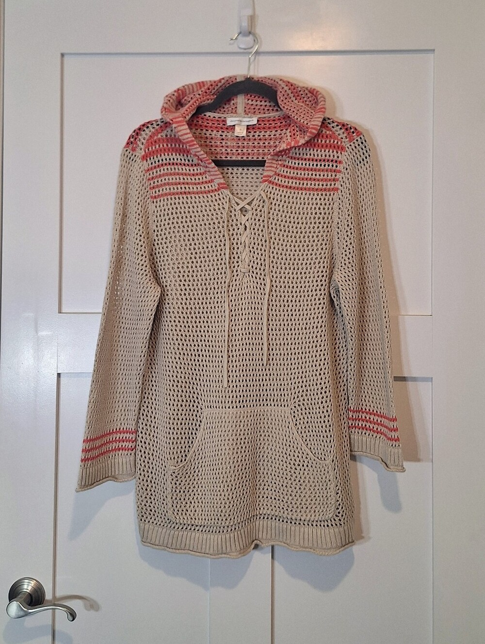 Christopher & Banks Hooded Open Knit Fishnet Stitch Kangaroo Pockt Beige Pink XL